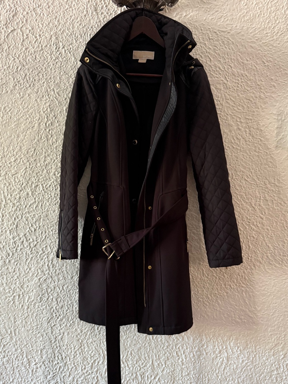 Michael Kora Quilted Sleeve Black Women's Coat with Belt and Gold Hardware